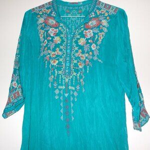 Johnny Was Turquoise Embroidered Tunic Top